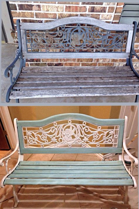 Outdoor bench Cast Iron And Wood Bench Makeover, Park Bench Makeover, Outdoor Bench Makeover, Outdoor Bench Painting Ideas, Painted Wooden Benches Outdoor, Painted Outdoor Bench, Painted Benches Outdoor, Park Bench Ideas, Outside Bench