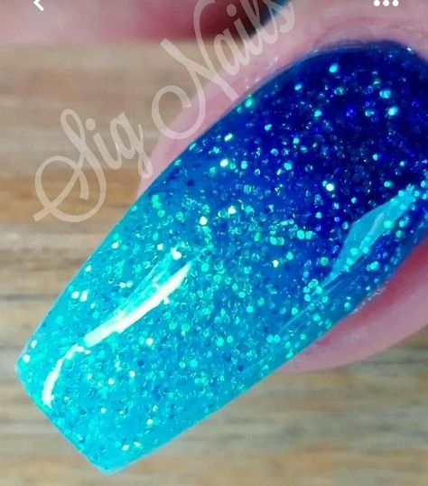 Pink Blue Nails Ombre, Blue Dip Nails With Glitter, Blue Glitter Ombre Nails Acrylic, Blue Ombre Glitter Nails, Nail Polish Art Designs, Blue Ombre Nails, Blue Glitter Nails, Aqua Nails, Acrylic Nail Shapes