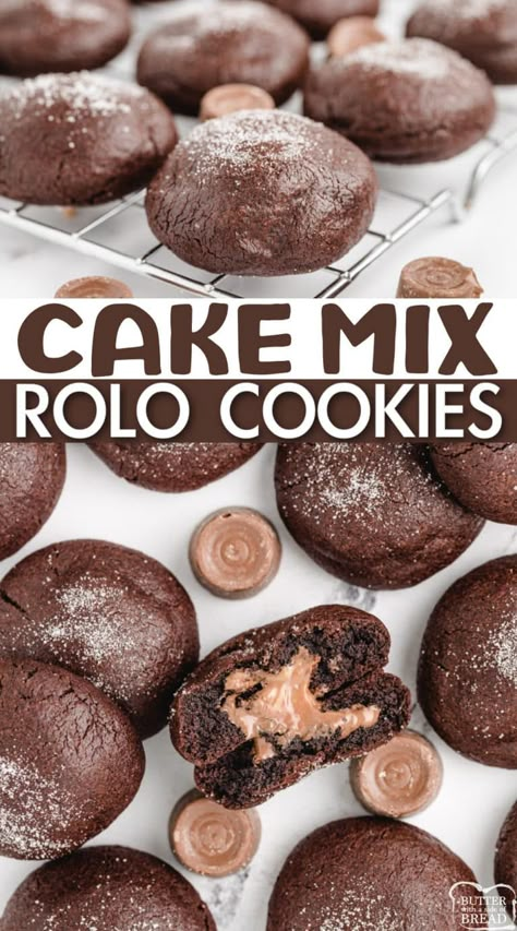 CAKE MIX ROLO COOKIES - Butter with a Side of Bread Rollo Cookies, Cake Mix Chocolate Chip Cookies, Simple Chocolate Cake, Rolo Candy, Rolo Cookies, Chocolate Cake Mix Cookies, Box Recipes, Cake Mix Cookie Recipes, Roll Cookies