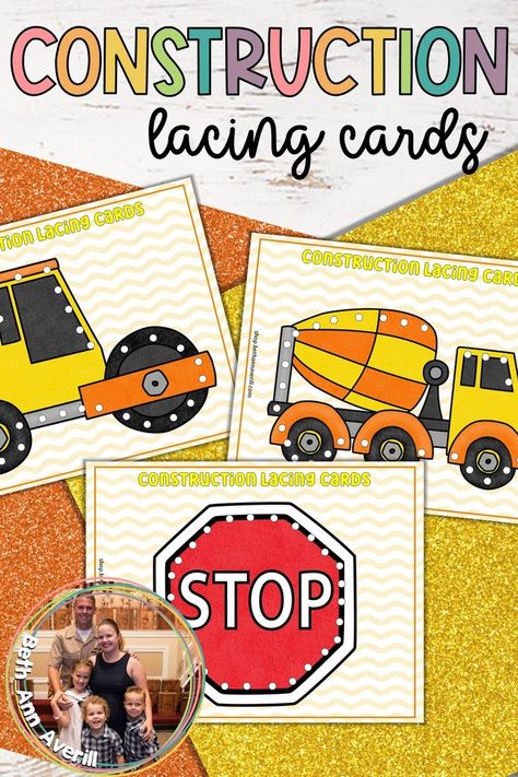 These construction truck lacing cards are the best for practicing fine motor skills with preschoolers and toddlers. I love working on pinser grasp with my three year old with these sewing cards. The construction vehicles are so pretty and unique. There are also road signs for kids to practice their finger strength with! Watermelon Lettering, Preschool Graduation Gifts, Dramatic Play Printables, Construction Signs, Lacing Cards, Sewing Cards, Preschool Graduation, Construction Theme, Letter Matching