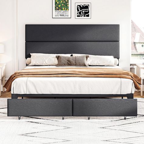 PRICES MAY VARY. 【Adjustable Headboard Height】: This bed frame features an adjustable headboard, offering three height options (43.7", 45.7", and 47.6") for a tailored fit to your mattress. 【Upholstered Bed Frame Design】Discover ultimate comfort and durability with our king-size bed frame. Made with soft, breathable linen fabric and high-density foam for a restful night’s sleep. 【2 Storage Drawers】: Two storage drawers at the footboard of the bed frame, offer ample space for bedding, clothes, an Black Bed Frame Bedding, Black King Bed, Bed Frame Wooden, Bed Base Frame, New Home Checklist, Black Bed Frame, Bed Frame With Drawers, Black Bed, Headboard Upholstered