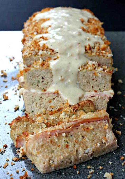 This Chicken Cordon Bleu Meatloaf is served with the most delicious, creamy dijon gravy! #meatloafrecipe #meatloaf #easychickenrecipe Cooking Meatloaf, Dijon Gravy, Chicken Meatloaf Recipe, Gravy Chicken, Creamy Dijon, Chicken Meatloaf, Ham And Swiss, Delicious Meatloaf, Ground Chicken Recipes