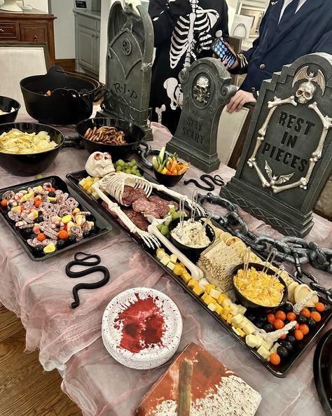 Georgia Logan Design Halloween Buffet Decorations, Butcher Shop Halloween Ideas, Halloween Food Table Display, Spooky Potluck, Spooky Potluck Food, Halloween Buffet Decor, Beetlejuice Food, Spooky Halloween Dishes, Viewing Party Ideas