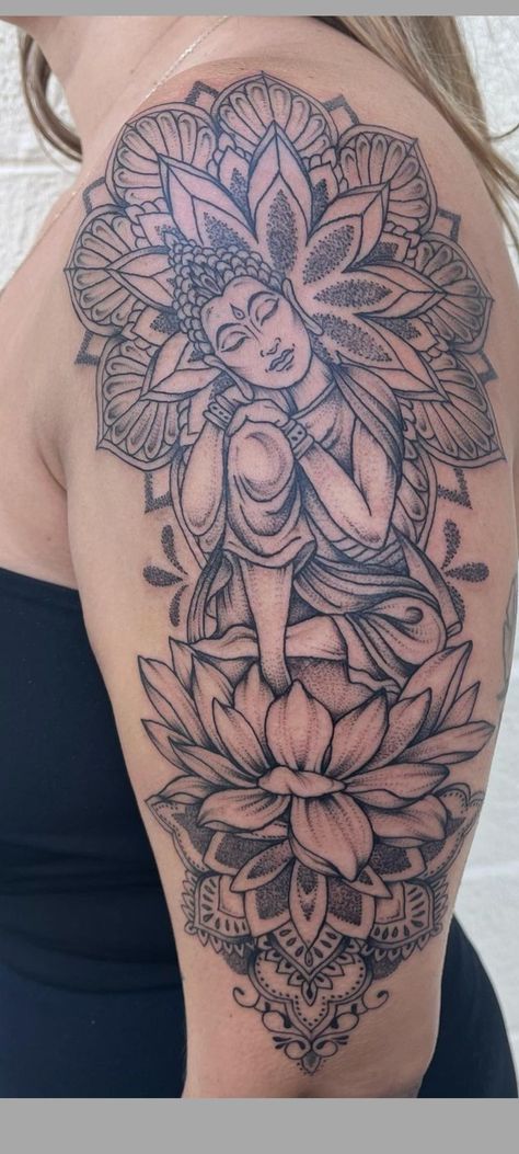 Hip Mandala Tattoo, Elephant Tattoo Thigh, Elephant And Lotus Flower Tattoo, Sleeve Tattoos For Women Buddha, Tree Sleeve Tattoo Women, Buddha Tattoo Sleeve Women Lotus Flowers, Buddha And Mandala Tattoo, Buddah Tattoo For Women Arm, Buddha Lotus Flower Tattoo