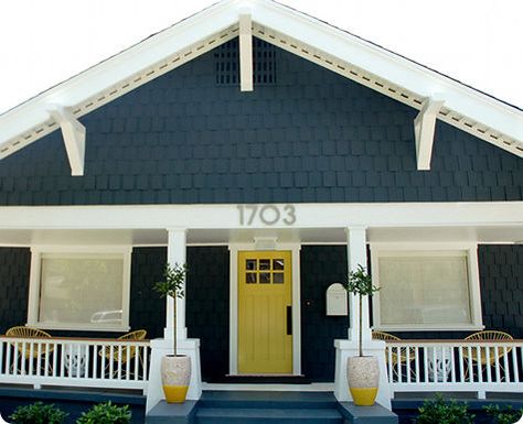 Navy Blue Houses, Yellow Front Door, Vegas House, Exterior Paint Schemes, Yellow Front Doors, Blue Doors, House Paint Color Combination, Yellow Door, Yellow Doors