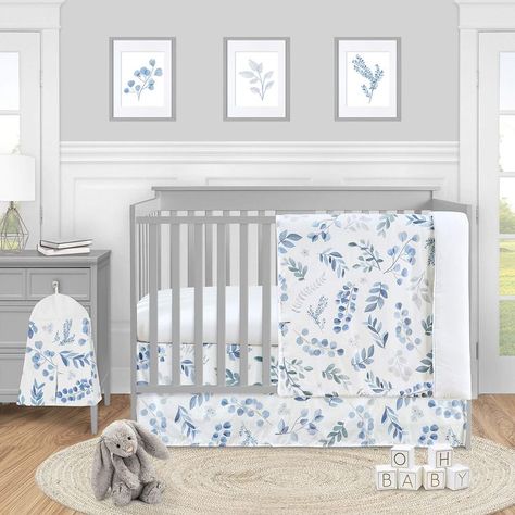 Sweet Jojo Designs Floral Leaf Baby Boy or Girl Nursery Crib Bedding Set - 4 Pieces - Blue Grey and White Boho Watercolor Botanical Flower Woodland Tropical Garden Nursery With Grey Crib, Neutral Crib Bedding Sets, Gender Neutral Crib Bedding, Girl Nursery Crib, Blue Crib, Neutral Crib, Blue Bedding Sets, Watercolor Leaf