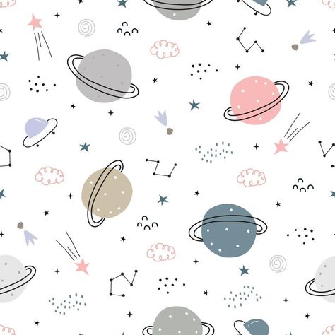 Space background illustration with stars and UFO Seamless vector pattern hand-drawn in cartoon style used for print, wallpaper, decoration, fabric, textile. Planet Icon, Estilo Cartoon, Space Background, Space Backgrounds, Fabric Textile, Wallpaper Decor, Print Wallpaper, Background Illustration, Cartoon Style