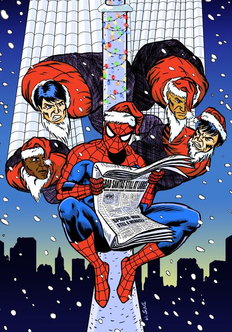 Spidey has just nabbed the infamous "Bad Santa" bank robber gang and is taking a moment to enjoy the newspaper. Please have a look at the articles. Spider Man Winter Wallpaper, Christmas Comic Art, Spitter Man, Christmas Marvel, Comic Christmas, Marvel Christmas, Spiderman Christmas, Daily Bugle, Superhero Christmas