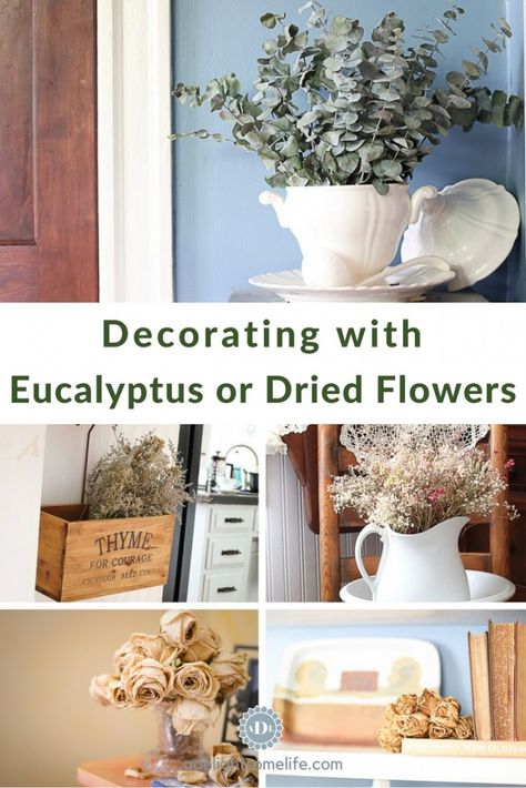 What To Do With Dried Eucalyptus, Dried Eucalyptus Arrangement, Simple Dried Flower Arrangements, Dried Flowers Ideas Decor Vase, Dried Eucalyptus Decor, Decorating With Eucalyptus, Dried Flower Arrangements Home Decor, Eucalyptus Flower Arrangement, Eucalyptus Flower