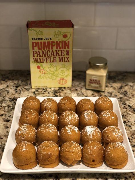 Pumpkin Spiced Pancake Bites — Danimade Trader Joe’s Pumpkin Pancake Mix Recipes, Pumpkin Pancake Mix, Waffle Mix Recipes, Pumpkin Spice Pancakes, Pancake Mix Recipes, Pancake Bites, Baked Pancakes, Waffle Mix, Pumpkin Pancakes