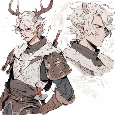 Antler Drawing Reference, Goat Man Character Design, Elf Design Character, Part Animal Part Human, Character With Antlers, Elf With Antlers, Elf With Horns, Dnd Elf Male, Half Dragon Character Design