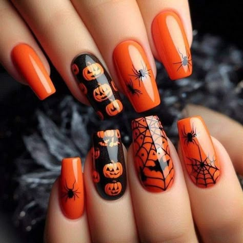 Fall Season Nails Pumpkin, Black And Orange Halloween Nail Designs, Orange And Black Halloween Nail Designs, Halloween Orange Nails, Halloween Nails Orange And Black, Halloween Themed Nails, Spiders Webs, Halloween Nails Easy, Halloween Acrylic