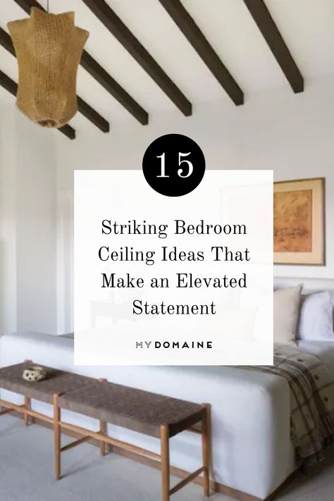 Have your bedroom ceiling make a statement with these lovely ideas, from trendy exposed wooden beams to shiplap for a coastal feeling. Exposed Beams Ceiling Bedroom, Modern Beachy Bedroom, Bedroom Ceiling Ideas, Exposed Beams Ceiling, Accent Ceiling, Wooden Beams Ceiling, Beachy Bedroom, White Beams, Wooden Ceiling