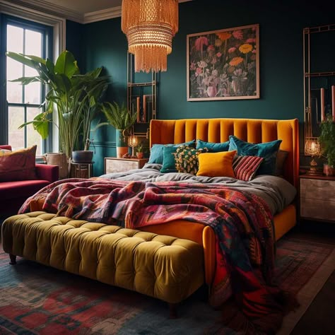 Bedroom Decor Romantic Cozy, Teal Monochromatic Room, Bedroom Inspirations Jewel Tones, Colorful Mcm Bedroom, Bold Colour Bedroom, Bright Eclectic Bedroom, Colourful Master Bedrooms Decor, Master Bedrooms Colorful, Green And Orange Bedroom Ideas