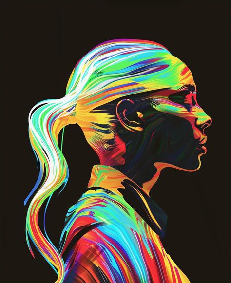 Beautiful woman with white hair in a ponytail, side profile portrait, rainbow paint swirls on skin, black background, vector art illustration, in the style of James Jean and Peter Mohrbacher Ponytail Side Profile, David Illustration, Side Profile Portrait, Rainbow Portrait, Woman With White Hair, Paint Swirls, Peter Mohrbacher, Hair In A Ponytail, Vogue Makeup