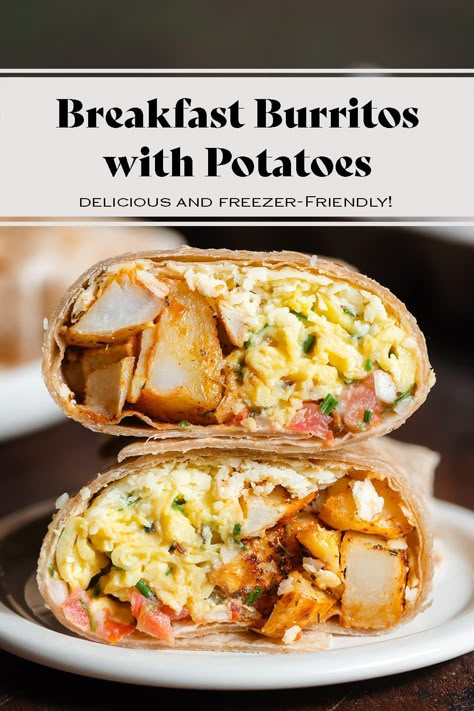 Breakfast Burritos with Potatoes Meatless Breakfast Burrito, Authentic Breakfast Burritos, Vegetarian Breakfast Burritos Freezer, Low Cal Breakfast Burrito, Breakfast Ideas With Potatoes, Make Ahead Burritos, Breakfast Burritos With Potatoes, Best Breakfast Burrito Recipe, Healthy Breakfast Burritos Freezer