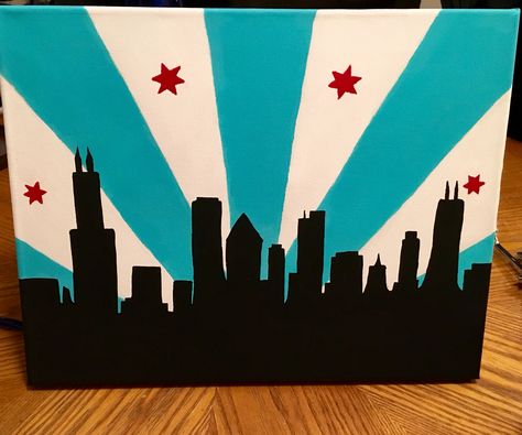 Chicago skyline flag canvas DIY Chicago Skyline Canvas, Chicago Themed Room, Chicago Painting Easy, Frat Cooler Chicago, Painted Polaroids, Chicago Skyline Drawing, Chicago Skyline Painting, Chicago Flag Art, Formal Coolers