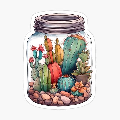 Get my art printed on awesome products. Support me at Redbubble #RBandME: https://www.redbubble.com/i/sticker/Watercolor-Jar-filled-with-cactuses-by-lastgirlscout/144301325.EJUG5?asc=u Watercolor Jar, Mason Jar Stickers, Plant Stickers, Jar Stickers, Cactus Stickers, Stickers Png, Art Animation, Watercolor Stickers, Cactus Design