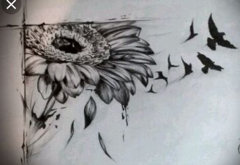 Sunflower/daisy with birds tattoo Sunflower With Birds Tattoo, Crow And Sunflower Tattoo, Sunflower Bird Tattoo, Flying Bird Tattoo, Sunflower Daisy, Crow Tattoo, Daisy Tattoo, Sunflower Tattoos, Geniale Tattoos