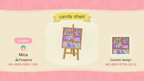 animal crossing qr closet : candy shelf Candy Shelf, Acnh Signs, Ac New Leaf, Animal Crossing Guide, Qr Codes Animal Crossing, Animal Crossing Villagers, Rainbow Candy, New Animal Crossing, Animal Crossing Game