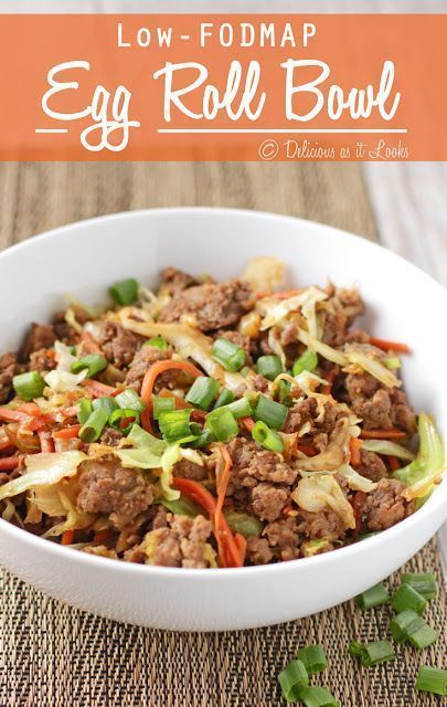 Low-FODMAP Egg Roll Bowl 3 tablespoons low-sodium soy sauce or gluten-free tamari sauce, divided 1 1/2 teaspoons sugar 1 teaspoon FODY Food Co. Garlic-Infused Oil 1 teaspoon rice vinegar 1/2 teaspoon toasted sesame oil 1/2 teaspoon freshly grated ginger root 1 lb. ground pork or turkey ½ teaspoon ground black pepper, divided 1 ½ teaspoons canola oil 4 cups shredded cabbage (not savoy) 1 cup shredded carrots Salt to taste 4 scallions, thinly sliced (green parts only) Egg Roll Bowl, Fodmap Recipes Dinner, Low Fodmap Recipes Dinner, Egg And Grapefruit Diet, Low Fodmap Diet Recipes, Toasted Sesame Oil, Eggroll In A Bowl, Fodmap Diet Recipes, Tamari Sauce