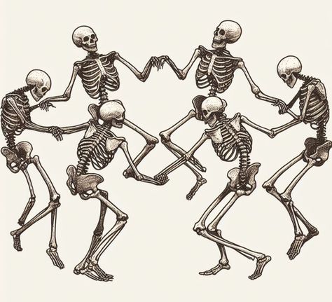 Danse Macabre Art, Danse Macabre Tattoo, Dance Macabre Tattoo, Skeletons Dancing Together, Crawling Skeleton, Bats Halloween Art, Evil Skeleton, Dragon Palace, Child Skeleton