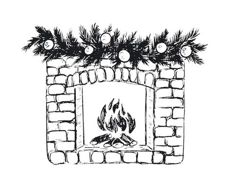 Christmas Fireplace Art, Fireplace Drawing Sketch, Winter Drawings Ideas, Christmas Pen Drawing, Christmas Drawing Sketch, Fireplace Doodle, Christmas Fireplace Drawing, Cute Christmas Sketches, Christmas Drawings Art Sketch