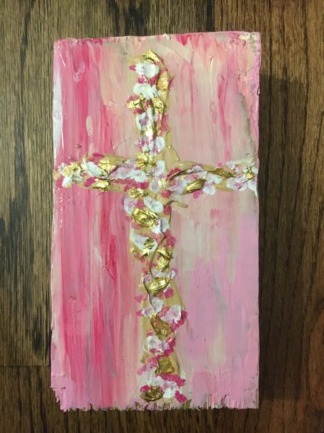 Acrylic painting on wood, a medium used to raise painted cross, gold leaf accents, gloss finish Cross On Canvas, Cross Canvas Paintings, Cross Canvas Art, Cross Art Painting, Angel Pics, Cross Painting, Angel Wings Painting, Hand Painted Crosses, Abstract Painting Acrylic Modern