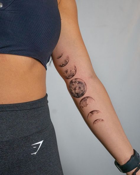 Faded Moon Tattoo, Sun And Moon Phases Tattoo, Moon Phases Tattoo Arm, Moon Tattoo Sleeve, Moon Tattoo Arm, Moon Phases Tattoo Designs, Realistic Moon Tattoo, Inner Elbow Tattoos, Astronomy Tattoo