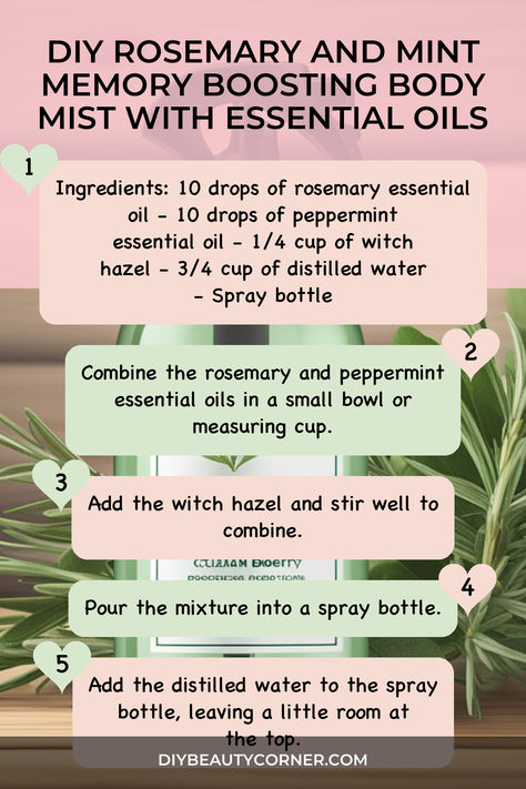 DIY Rosemary and Mint Memory Boosting Body Mist with Essential Oils Essential Oil Body Mist Recipes, Diy Body Spray With Fragrance Oil, Diy Body Mist, Rosemary Diy, Homemade Body Spray, Essential Oils For Memory, Diy Body Spray, Essential Oil Perfumes Recipes, Fall Essential Oils