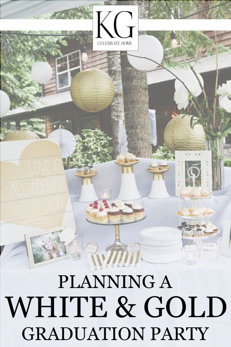 Neutral Grad Party Decor, White And Gold Graduation Party Ideas, Gold And White Graduation Party Ideas, All White Graduation Party, White And Gold Party Theme, White Graduation Decorations, Gold And White Graduation Party, White Gold Graduation Party, White And Gold Graduation Party