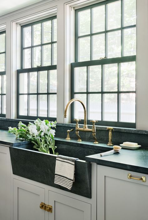 Dapur Skandinavia, Windows Trim, Black And White Cabinets, Soapstone Kitchen, Farmhouse Renovation, Kitchen Sink Design, Kabinet Dapur, Farmhouse Windows, Wood Farmhouse