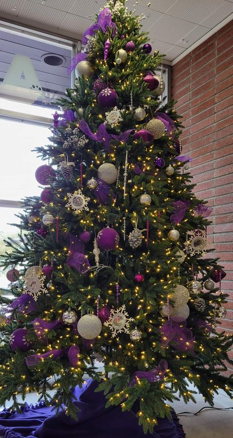 Purple And Gold Ornaments Christmas Tree, Christmas Tree With Purple Decorations, Purple Decorated Christmas Tree, Purple Christmas Tree Decorations Ideas, Different Color Christmas Trees, Purple And Green Christmas Tree, Christmas Tree Ideas Purple, Christmas Tree Purple Decorations, Purple Gold Christmas Tree