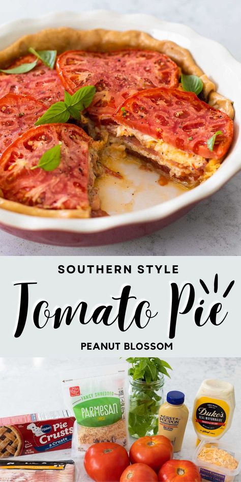 Southern Tomato Pie Southern Macaroni Salad, Peppered Bacon, Best Potluck Dishes, Southern Tomato Pie, Tomato Pie Recipe, Peanut Gallery, Store Bought Pie Crust, Pimento Cheese Recipes, Pimiento Cheese