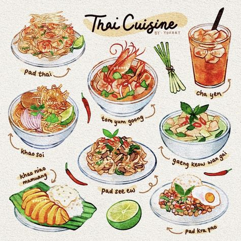 Thai Food Menu, Khao Soi, Thai Foods, Laos Food, Homemade Cookbook, Recipe Drawing, Thailand Food, Food Artwork, Food Sketch