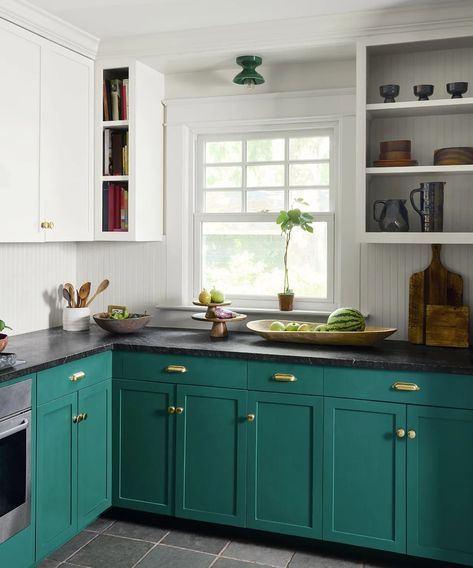 6 kitchen design myths designers say you shouldn't believe | Tri Colored Kitchen Cabinets, Dual Color Kitchen Cabinets, Teal Kitchen Cabinets, Two Toned Kitchen Cabinets, Teal Cabinets, White Upper Cabinets, Kitchen Base Cabinets, Teal Kitchen, Black Countertops