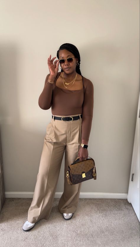 Zara Trousers, Louis Vuitton, aritzia bodysuit, outfit ideas, outfit inspo, outfit inspiration Trousers Casual Outfit, Tan Trousers Outfit, Tan Outfit, Business Casual Outfit, Tan Trousers, Work Fits, Trouser Outfit, Trousers Casual, Outfit Combinations