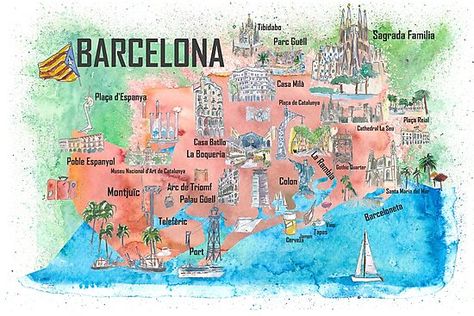 Barcelona Catalonia Spain Illustrated travel poster Favorite Map Tourist Highlights • Millions of unique designs by independent artists. Find your thing. Tourism Design, Parc Guell, Travel Canvas, Catalonia Spain, Barcelona Catalonia, Matting Pictures, Palau, Travel Maps, Grand Art