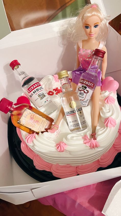 DIY pink barbie celebration cake for birthday with shooters on top Tumblr Birthday Cake, Drunk Barbie Cake, Cake For Birthday, 19th Birthday Cakes, 40th Birthday Cakes, Barbie Cake, Celebration Cake, 19th Birthday, Pink Barbie