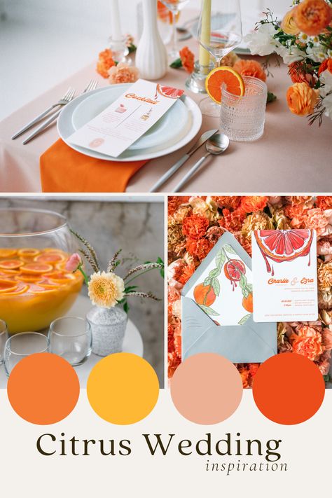 Winter Citrus Wedding, Grapefruit Wedding Decor, Citrus Wedding Color Palette, Citrus Themed Bridal Shower Ideas, Citrus Themed Party, Citrus Wedding Theme, Positano Theme, Citrus Themed Wedding, Sunset Wedding Theme