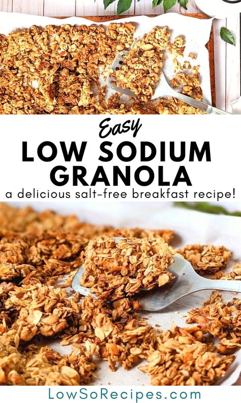 Low Sodium Granola Recipe (No Salt Added) - Low So Recipes Low Sodium Granola Bars, Low Sodium Low Carb Recipes, Low Sodium Breakfast Recipes, No Salt Recipes Meals Easy, Low Salt Snacks, Low Sodium Breakfast, Low Sodium Recipes Heart, Heart Healthy Desserts, Sodium Foods