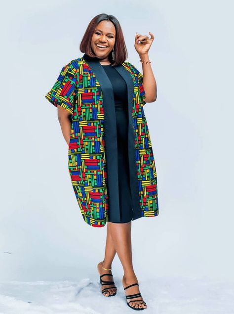 Trending And Stylish Ankara Kimono Jacket Styles You Should See - Stylish Naija Kimono Jacket Styles, Ankara Jacket Styles For Ladies, Ankara Coats For Ladies, Ankara Jacket Styles, Ankara Ladies Jackets, Short Kimonos, Ankara Kimono Style, Ankara Kinomo Jacket, Ankara Kimono Jacket