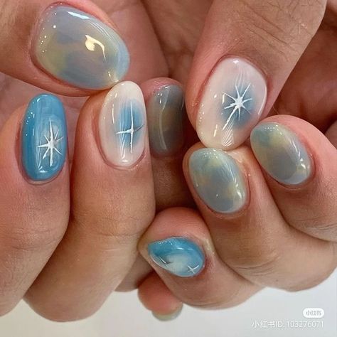 Short Blue Nails With Design, Funky Nail Ideas, Nails Art Designs, Art Designs Ideas, Soft Nails, Minimalist Nails, Dream Nails, Fire Nails, Funky Nails