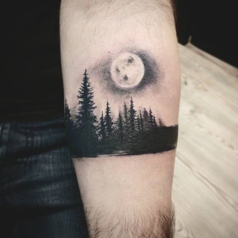 Dark Path Tattoo, Spooky Woods Tattoo, Gothic Forest Tattoo, Moon And Trees Tattoo, Moon Forest Tattoo, Tree Moon Tattoo, Dark Forest Tattoo, Tree Line Tattoo, Eclipse Tattoo