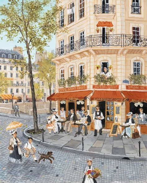 ♔ "Michel Delacroix" - Artiste Français (French) Parisian Painting, Paris 1900, Parisian Art, 동화 삽화, Storybook Art, French Street, Cottage Art, Naive Art, Background Pictures