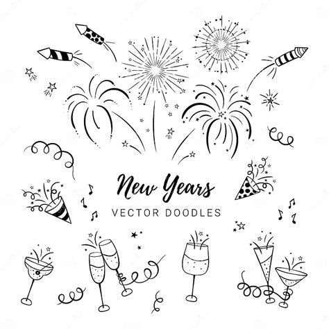 Fun Hand Drawn New Years Party Doodles - Firework, Paper Streamers, Cocktails and Rockets , Great for Banners, Wallpapers, Stock Vector - Illustration of hand, fireworks: 164727678 Hand Drawn Fireworks, Hand Drawn New Years Cards, New Year’s Eve Window Painting, Firework Doodles Easy, Firework Illustration Drawing, New Year Doodle Art 2025, Fireworks Doodles Bullet Journal, Fireworks Aesthetic Drawing, Disney Fireworks Drawing