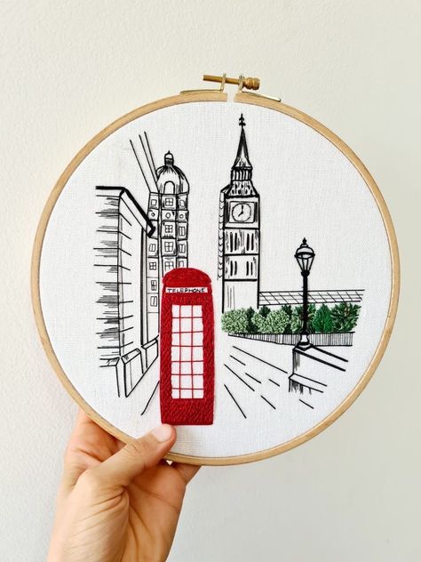 London Embroidery Pattern, British Embroidery, Free Blanket Knitting Patterns, Free Sweater Knitting Patterns, Architecture Embroidery, London Embroidery, Architectural Embroidery, Printable Crochet Patterns, Big Ben Art