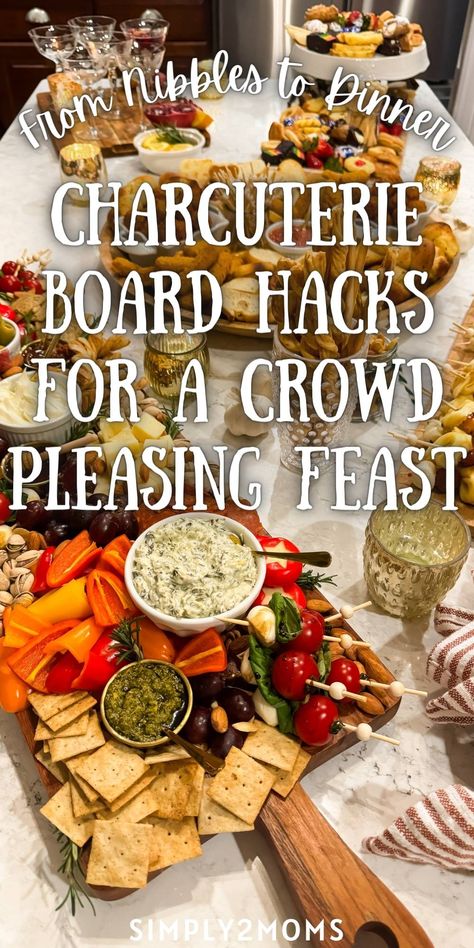 Impress your friends and family with these show-stopping charcuterie board hacks that will elevate your gatherings to new heights! From creative presentation ideas to unique flavor combinations, discover the secrets to crafting a crowd-pleasing feast that will have everyone talking long after the party ends. Charcuterie Boards For Dinner, Charcuterie For Four People, Long Board Charcuterie, Charcuterie Long Board Ideas, What To Serve With Charcuterie Board, Appetizer Board Ideas Simple, Christmas Party Food Ideas For A Crowd, Charcuterie For 12 People, How To Display Crackers For A Party