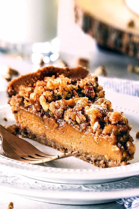 Praline Pie, Brown Sugar Pecans, Pumpkin Praline, Texture Combination, Creamy Pumpkin Pie, Sugar Pecans, Carlsbad Cravings, Thanksgiving Pies, Thanksgiving And Christmas