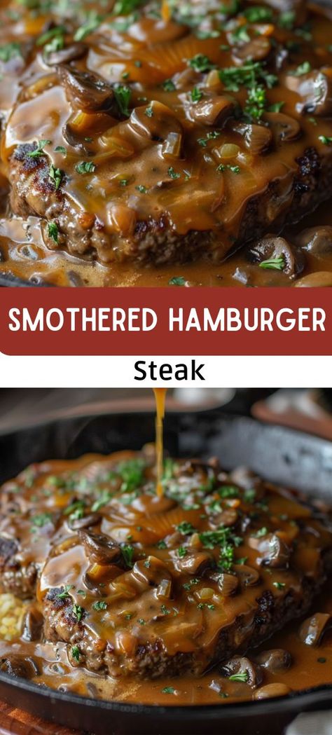 Smothered Hamburger Steak Juicy Hamburger Patties, Smothered Hamburger Steak, Onion And Mushroom Gravy, Smothered Steak, Hamburger Steak Recipes, Hamburger Steak And Gravy, Homemade Salisbury Steak, Hamburger Steaks, Burger Recipes Beef